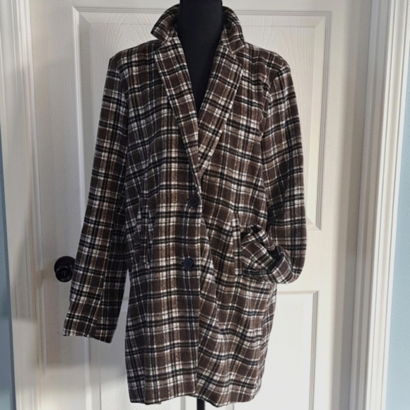 Brown Plaid Soft Long Button Down Oversized Mid Lightweight Coat Jacket - Picture 1 of 10